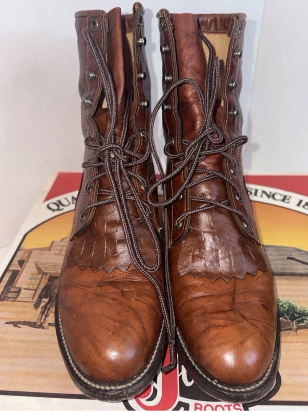Justin L0563 Women's Brown Marble Deerlite Leather Laced Boots - Size 6.5B Box - Picture 4 of 12